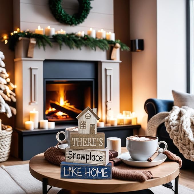 Lineshading 4 Pcs Christmas Table Decoration Wooden House Decor Christmas Tiered Tray Decor Rustic Decorative Home Block Signs Gifts Winter Centerpieces Farmhouse Sweet Home Decoration for Shelf