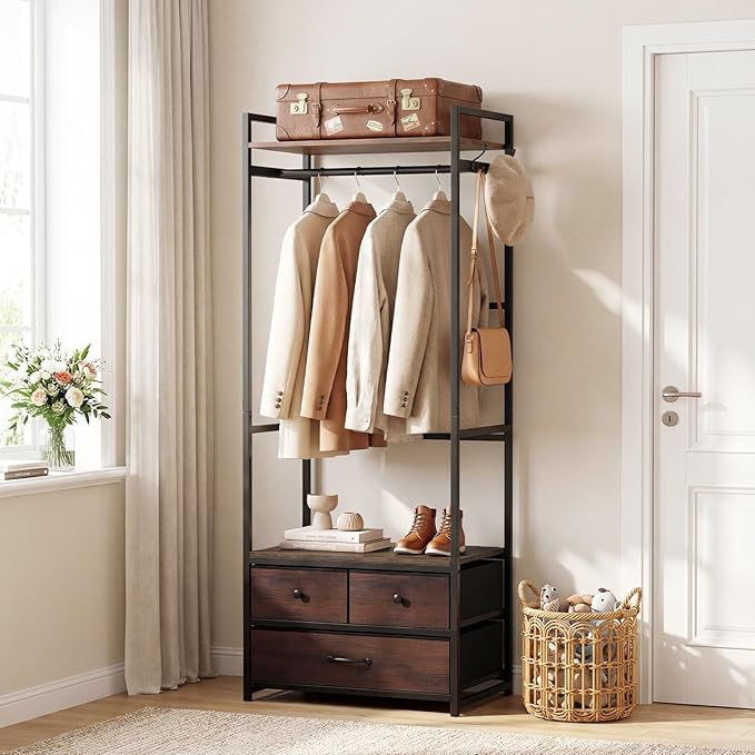 Tangkula Freestanding Small Clothes Rack, Heavy Duty Coat Rack with Drawers, Shelves, Hooks & Hanging Rod, Metal Closet Organizer Garment Rack, Industrial Hall Tree for Entryway, Hallway, Bedroom