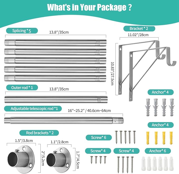 Closet Rod, 16 to 100 Inch Closet Rods Heavy Duty Adjustable Wardrobe Poles for Hanging Clothes and Heavy Duty Bracket Closet Pole Support (The Shelf NOT Included)(Silver)