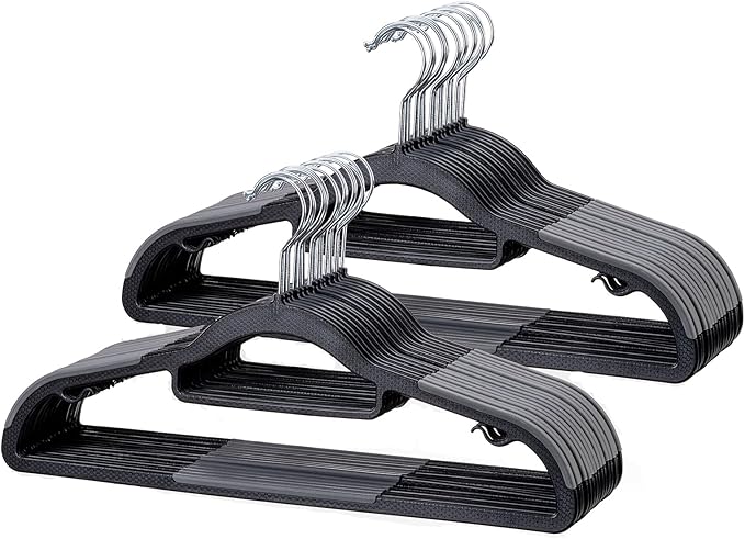 30 Pack Non-Slip Clothes Hangers with Tie Rack, Thin Space-Saving Coat Hangers – Heavy Duty Plastic Clothes Hangers for Suit, Shirts, Pants, Dorms & Home Organization, Black and Dark Gray