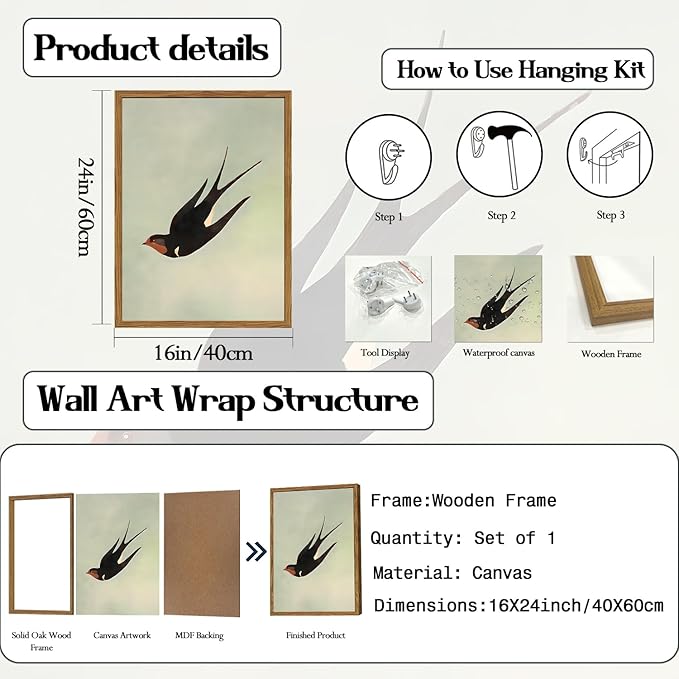 Framed Vintage Bird Wall Art, Sage Green Flying Swallow Pictures Wall Decor, Minimalist Japandi Nature Paintings Canvas Prints Modern Home Decor for Living Room Bedroom Bathroom Office 16x24 Inch