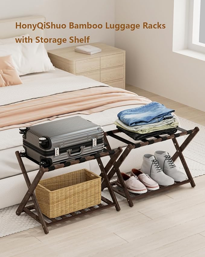 Luggage Racks, Folding Suitcase Stand with Storage Shelf, Bamboo Suitcase Rackwith Unique Magnetic Locking, 2 Pack Assembled Luggage Rack, Luggage Holders Stand for Guest Room, Bedroom, Hotel