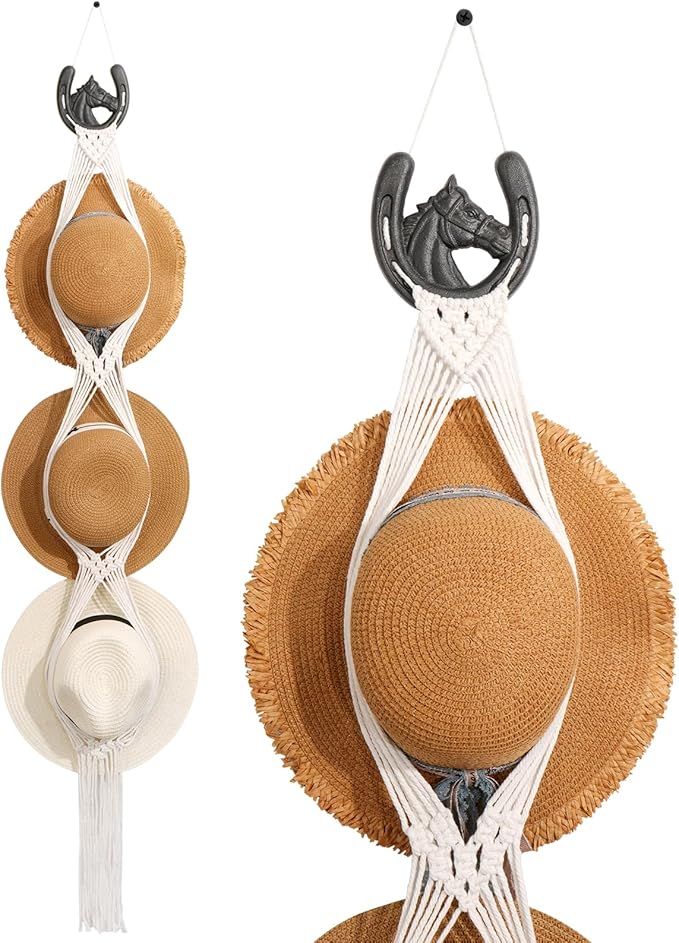 Macrame Wall Hat Rack Boho Hat Organizer Wall Mount with Cast Iron Horsehead Hanger Western Hat Holder for Women Wide Brimmed Fedora Straw Cowboy Hats Storage Back of Door Decorative Display