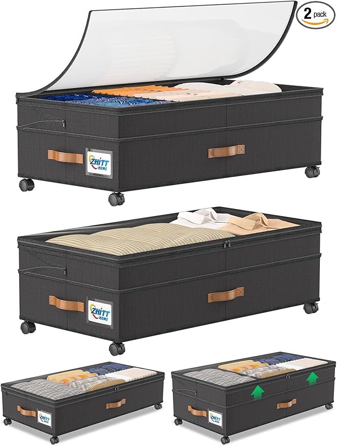 Under Bed Storage with Wheels, 2-Pack 72L XXXL Scalable Under Bed Storage Containers with Transparent Lids, Underbed Storage Organizer Rolling Bins for Shoes Clothes Sheet - Expandable Max