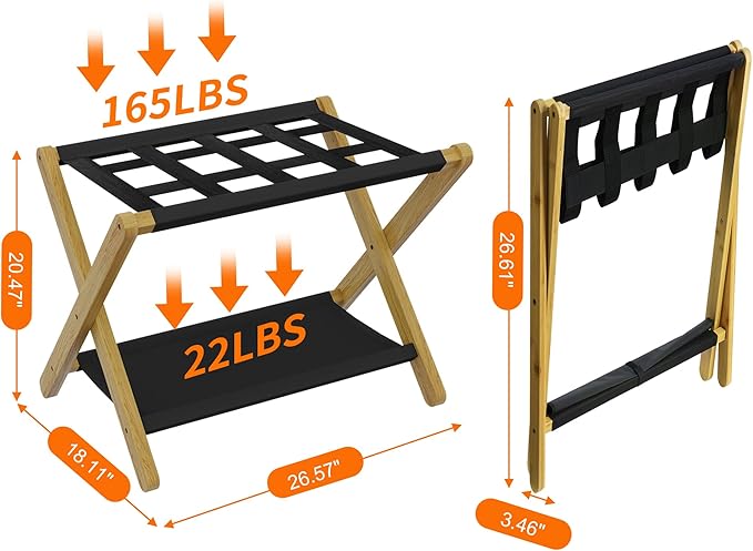 Heybly Luggage Rack, Folding Suitcase Stand with Storage Shelf, Heavy-Duty Luggage Holder for Guest Room Bedroom Hotel, Holds up to 165 lb, Natural, HLR010N1