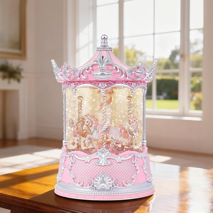 Gifts for Mom Pink Carousel Horse Snow Globe Music Box with Rotating Horses Musical Unicorn Snow Globe with Glitter for Girls, Women, Mom, Birthday Gifts Home Decorations (Pink Silver Carousel)