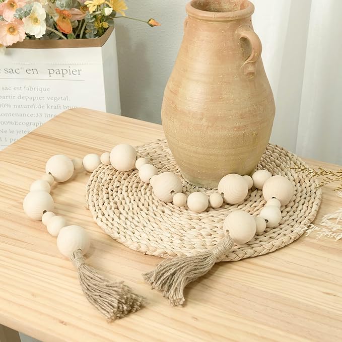 2" Extra Large Wood Bead Garland with Tassels, 50" Long Rustic Farmhouse Wooden Beads Garland, Decorative Beads Boho Decorations for Home Table Mantle Natural Beige