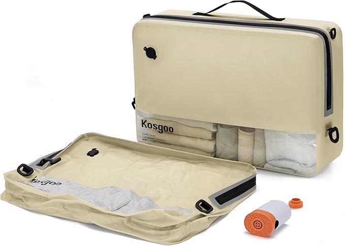 Vacuum Compression Bags for Travel with Pump 180° Open Vacuum Seal Bags for Carry-on Luggage Home Storage, IP67 Waterproof Space Saver Storage Bag (1 Large Pack + Pump Beige)