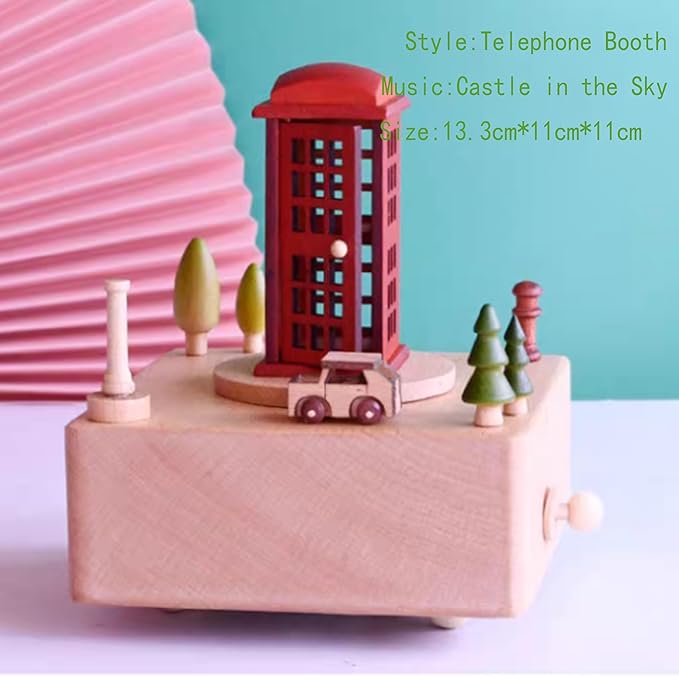 Natural Solid Wood Handcrafted Beech Wooden, Musical FigureTotoro/Carousel/Fairy/Ballerina Figurine,Rotating Hand Crank Mechanism Music Box,Musical Decorations (Telephone Booth)