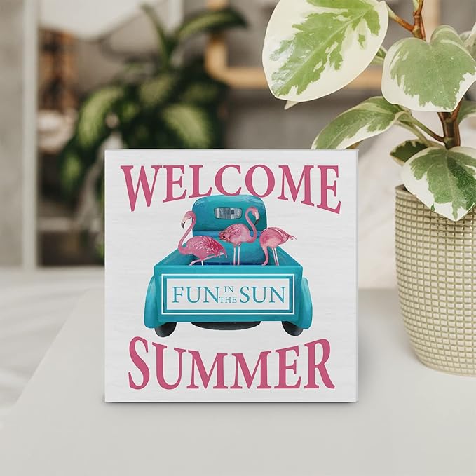 Country Flamingo Truck Wood Box Sign Decor Desk Sign Welcome Summer Quote Flamingo Wooden Box Block Sign Rustic Home Shelf Wall Decoration