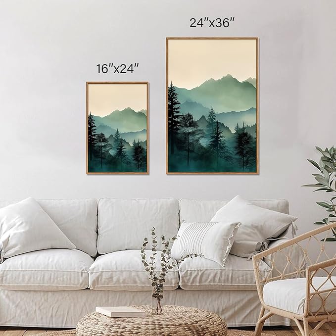 SIGNINART Large Boho Mountain Framed Canvas Wall Art Set, Nature Pine Tree Wall Painting, Abstract Foggy Forest Wall Decor, Modern Sunrise Art Prints for Bedroom Living Room and Office - 24"x36"x3