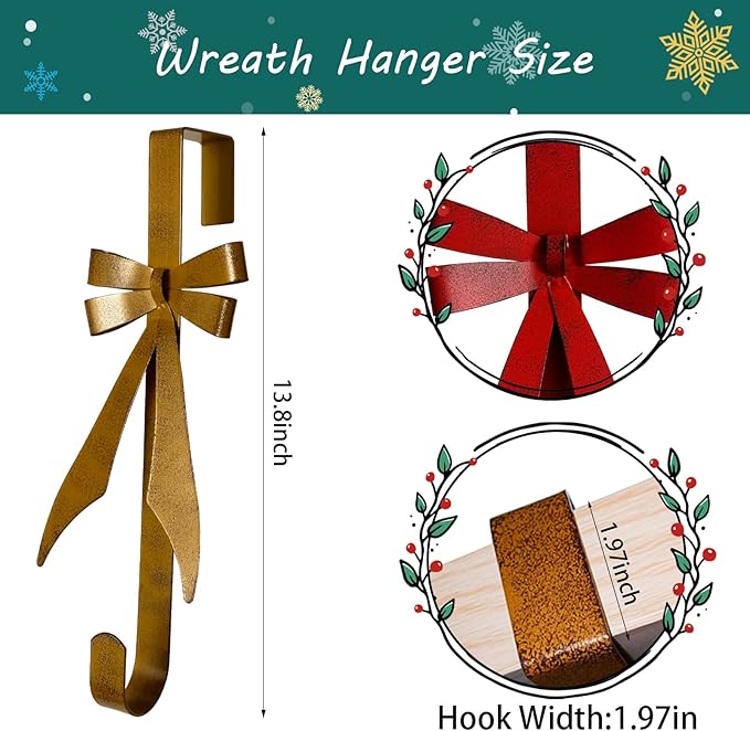 2Pack Bow Wreath Hangers for Front Door,Christmas Decoration Metal Bow Door Wreath Hanger,Over The Door Christmas Wreath Hooks