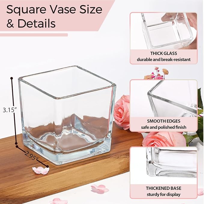 CONNOO 12 Pack Square Glass Vase 3" x 3" x 3", Clear Bulk Flower Vases for Centerpieces, Square Glass Cube Vase Floating Candle Holders for Wedding Party Home Decor