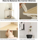 Artilady Macrame Corner Shelf Wall Hanging - 2 Tier White Corner Floating Shelves Boho Wall Decor, Rustic Wooden Plant Shelf Storage Rack for Bedroom Living Room Bathroom