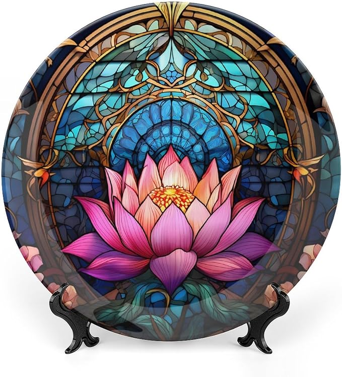 Moroccan Water Lily Stained Glass Print Decorative Plates Home Decor Ceramic Plates, Dinner Plates Display for Living Room, Kitchen, Hallway Console Side Table, Presents for Lotus Lover, 7 Inch