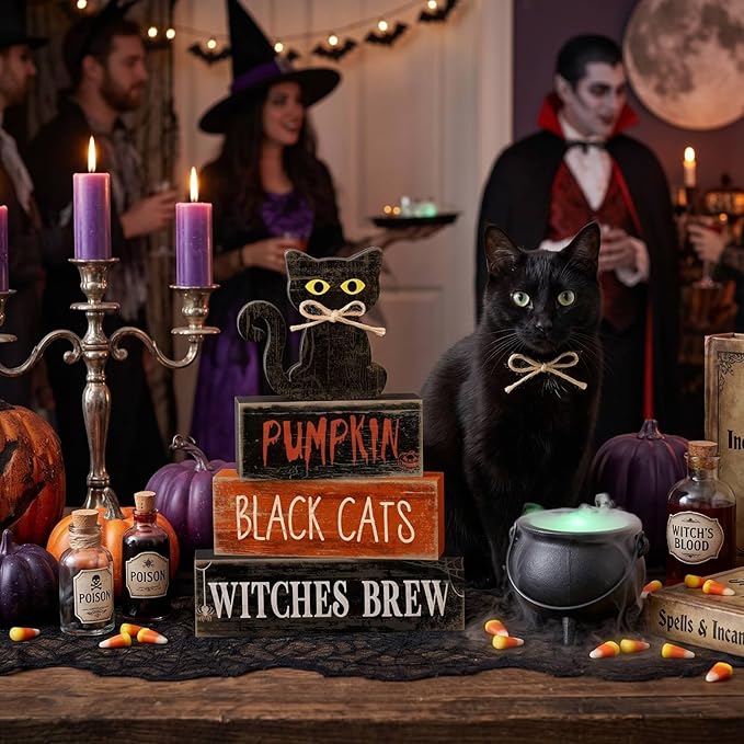 Lineshading 4 Pcs Halloween Table Decoration Black Cat Wooden Stacked Block, "Pumpkin Black Cats Witches Brew" Signs Spooky Halloween Tiered Tray Decor Rustic Gothic Centerpiece for Home Coffee Bar