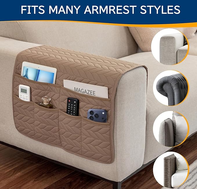 Remote Control Holder for Armchair, Couch Caddy Organizer TV Remote Holder for Recliner Couch With 6 Pockets, Non-Slip Arm Chair Caddy Bedside Table Organizer for Magazine, Tablet, Phone (Beige)