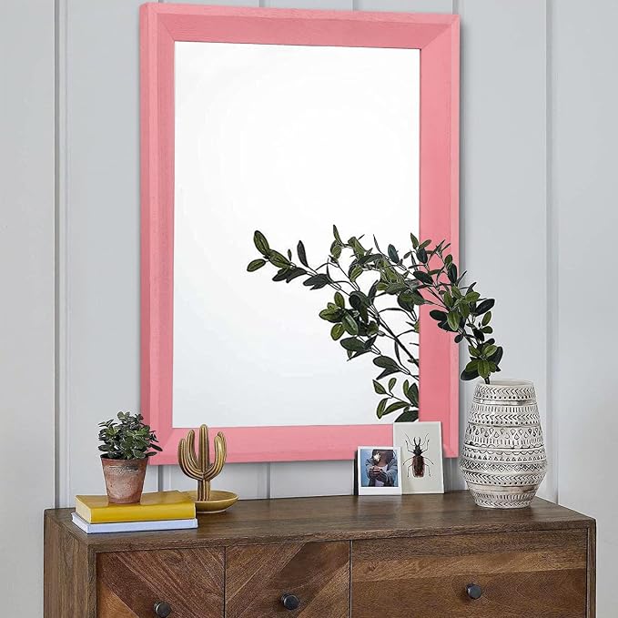 AAZZKANG Rectangle Mirror with Wood Frame Modern Farmhouse Wall Mirrors Decor Large 26"x18" for Bedroom Bathroom Living Room Pink