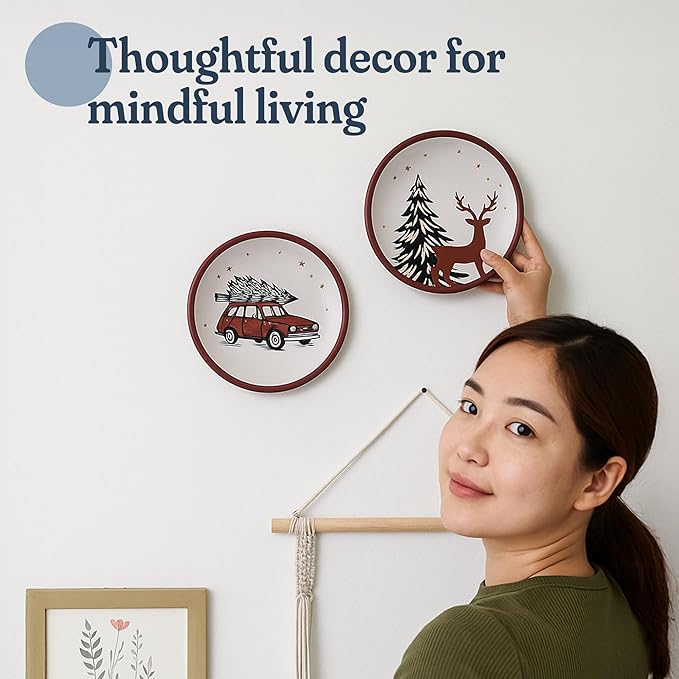 FINE LIVING 8 Inch Terracotta Winter Plates Set of 2, Ceramic Wall Hanging Clay Decorative Plates for Winter Decorations, Round Wall Decor for Living Room & Kitchen