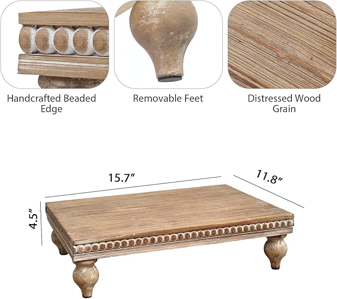 SwallowLiving Farmhouse Wood Riser for Display Decorative, Rustic Shabby Chic Tray for Kitchen Counter, Coffee Bar Table, Dining Room, Wooden Rectangle Beaded Pedestal Stand for Food, Natural