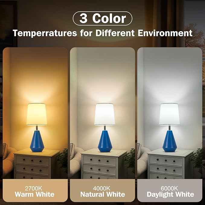 Small Bedside Table Lamp for Bedroom-Reading Desk Lamp Set of 2,with 3 Color Temperatures,15.5" Nightstand Ceramic Lamp with Fabric Shade for Kids Room,Living Room,Dorm,Home Office(Blue+White)