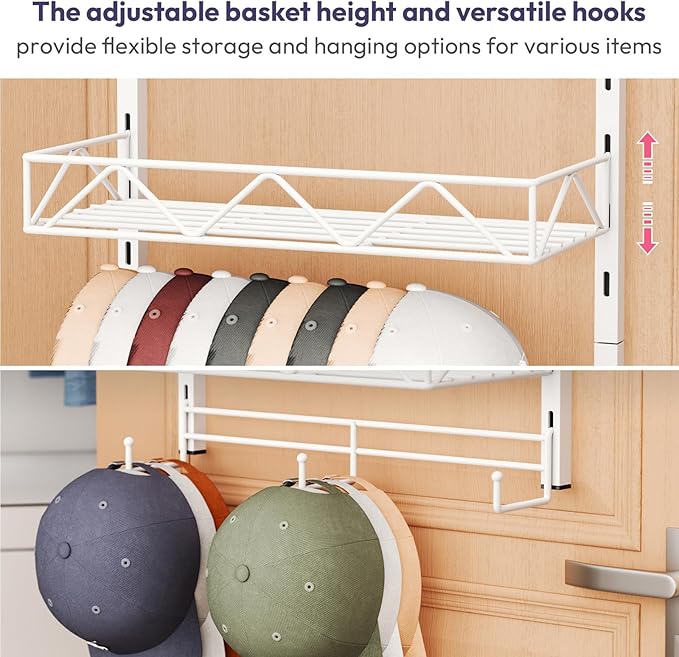 SWTYMIKI Over Door Hat Organizer - 3 Tier Wall Mounted Hat Rack with 2 Adjustable Metal Basket and 3 Hooks, Hanging Baseball Cap Organizer Storage Holds up to 29 Caps for Door, Bedroom, Closet