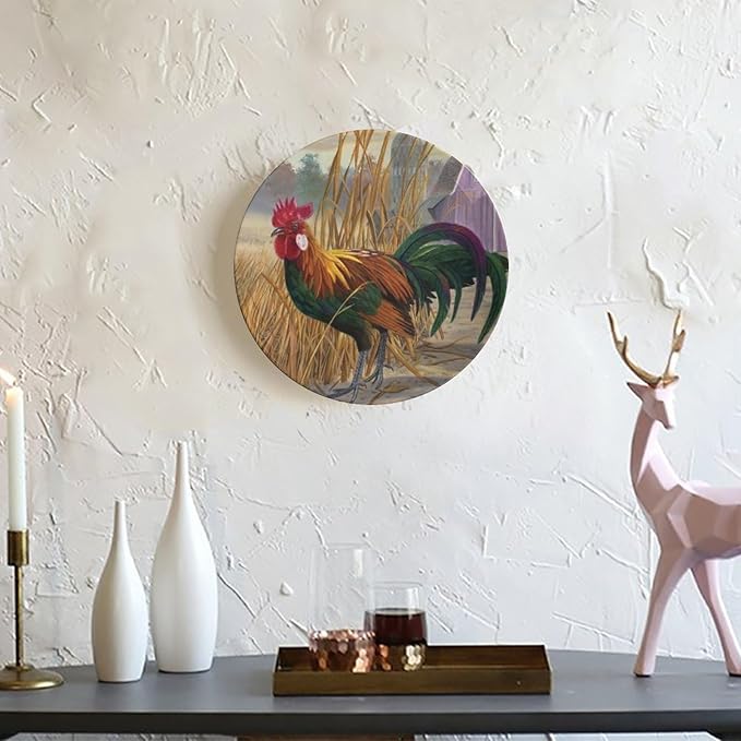 Rooster Decorative Plates, 10 Inch, Chicken In Rice Field Round Display Plate, Hanging Decorative Plate with Display Stand, Ceramic Craft for Wall Hanging Decorative