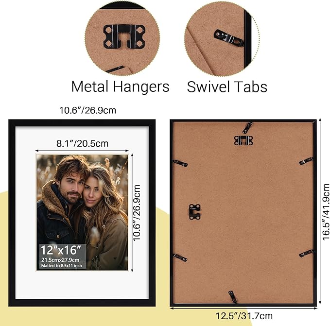 Rempry 12x16 Picture Frame, Display 8.5x11 Certificate Document Award with Mat or 12x16 Without Mat, Wall Hanging or Tabletop Photo Frame, Black, 1 Pack
