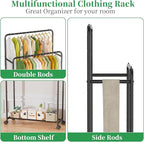 Simple Trending Clothing Clothes Rack Double Rods with Wheels, Rolling Metal Garment Rack for Hanging, Black