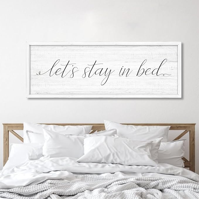 Lets Stay in Bed Wall Decor Above Bed 41.3''×15'' Large Farmhouse Wall Decor for Bedroom Guest Room Decor Framed Wood Wall Art Rustic Master Bedroom Wall Decoration (white frame)