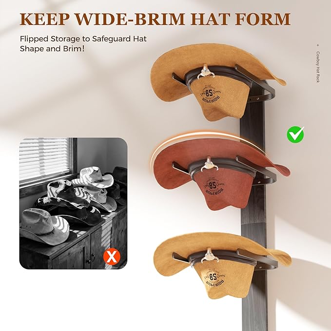 Cowboy Hat Rack for Wall, Cowboy Hat Holder Wall Mount Holds up to 6 Hats, Wooden Western Rustic Metal Hat-Organizer with Arrow Sign Board, Display and Decor Rack for Fedora, Sun Hats,Baseball Caps