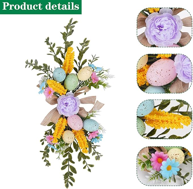 Easter Teardrop Swags 15.74inch Artificial Speckled Eggs Stairway Swag Decorated with Blooming Peonies, Colorful Daisies and Linen Bows Greenery Spring Floral Hanging Swags for Staircase