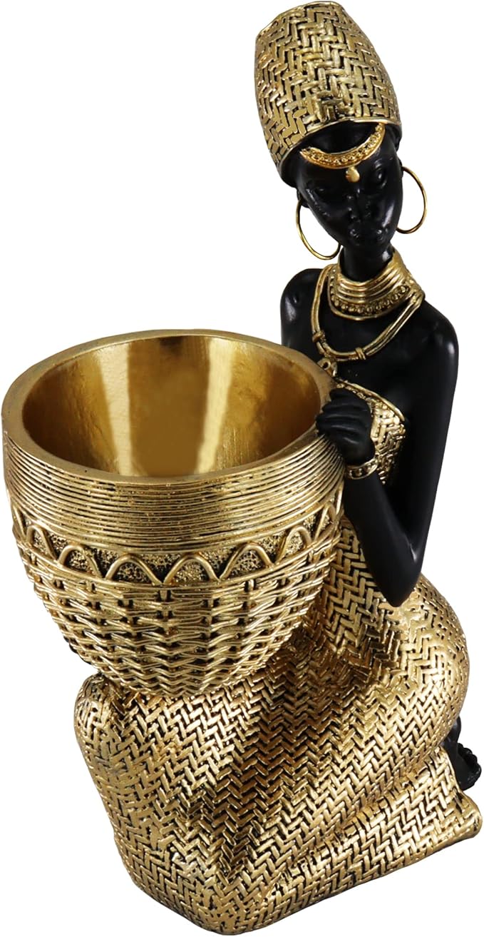 Lescafita Handmade African Tribal Woman Sculpture - Gold Adorned Seated Figure with Basket, Vintage Resin Statue for Home Decor, Unique Housewarming Gift for Shelf/Table (9.65" H)