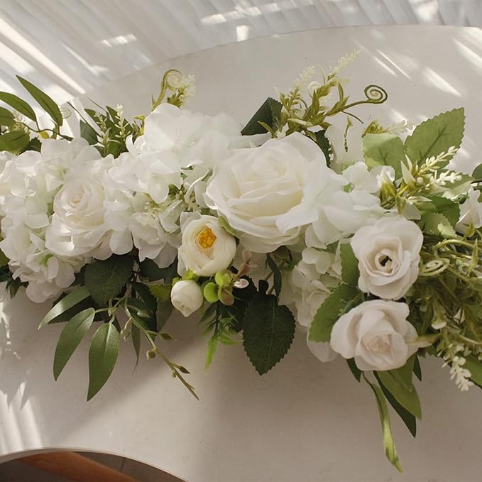 MSUIINT 25.6 Inch Artificial Rose Flower Swag with Green Leaves, Handmade Fake Plant for Front Door, Wedding Arch Flowers Spring Floral Swag, Wall Hanging Swag for Home Party Decor(White)