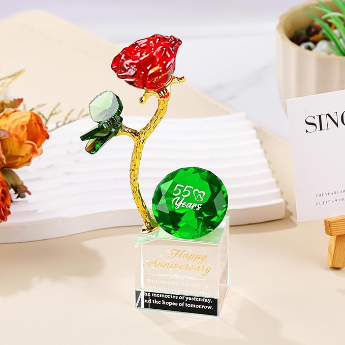 YWHL 55th Wedding Anniversary Rose Gifts for Parents Grandparents, 55 Years Happy for Couples, Crystal Rose Figurine with Emerale Diamond, Valentines Day Present for Her Him