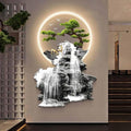 YFQHRXYS 3D Oriental Waterfall Wall Art with LED Light,Oriental Welcoming Pine Landscape for Living Room Office Decor,Modern Art Wall Decor Sculptures, Plug-in Power Supply, Remote Control（50 * 75cm）