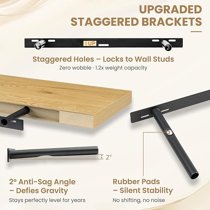 FLYJOE 24 Inch Long Floating Shelves for Wall Set of 2, 12" D Wood Grain Bathroom Shelves with Invisible Brackets, Easy Install Engineered Wood Storage Shelves for Kitchen, Living Room, Bedroom