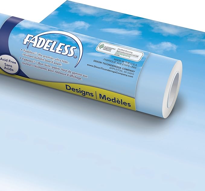 Fadeless Bulletin Board Paper, Fade-Resistant Paper for Classroom Decor, 47.25” x 12’’ , Wispy Clouds, 1 Roll