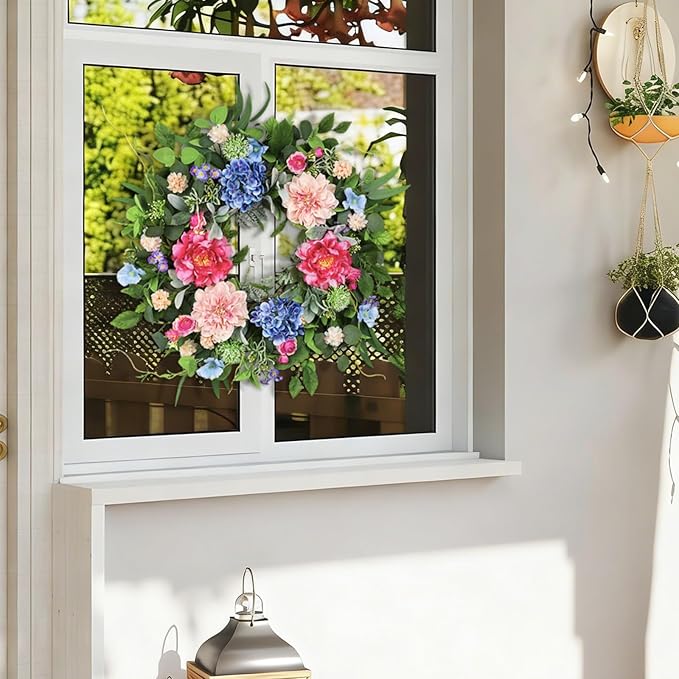 24 Inch Spring Wreaths for Front Door, Artificial Front Door Wreath with Daisy Peony Hydrangea Eucalyptus Green Leaves, Outside Floral Wreath for Home Porch, Home Decor for Indoor Outdoor Window Wall