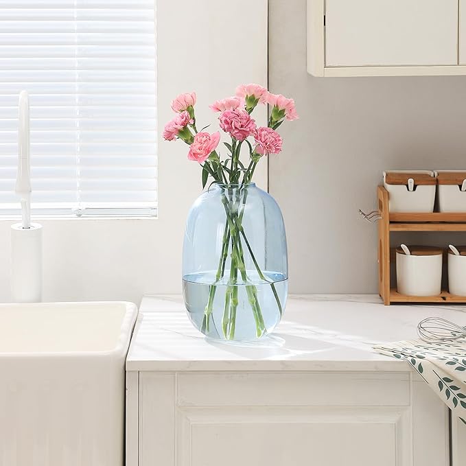 Blue Glass Vase, Large Glass Vase for Flowers, Tall Flower Vases, Modern Round Vases for Living Room, Bedroom, Kitchen, Mantle, Shelf, Wedding, Office, Entryway, 10 Inches