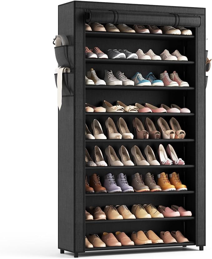 LANTEFUL Shoe Rack with Covers - 10 Tiers Tall Shoe Rack Organizer Large Capacity Shoe Shelf Storage 40 Pairs Space Saving Vertical Shoe Storage Organizer for Closet, Entryway, Dorm, Bedroom