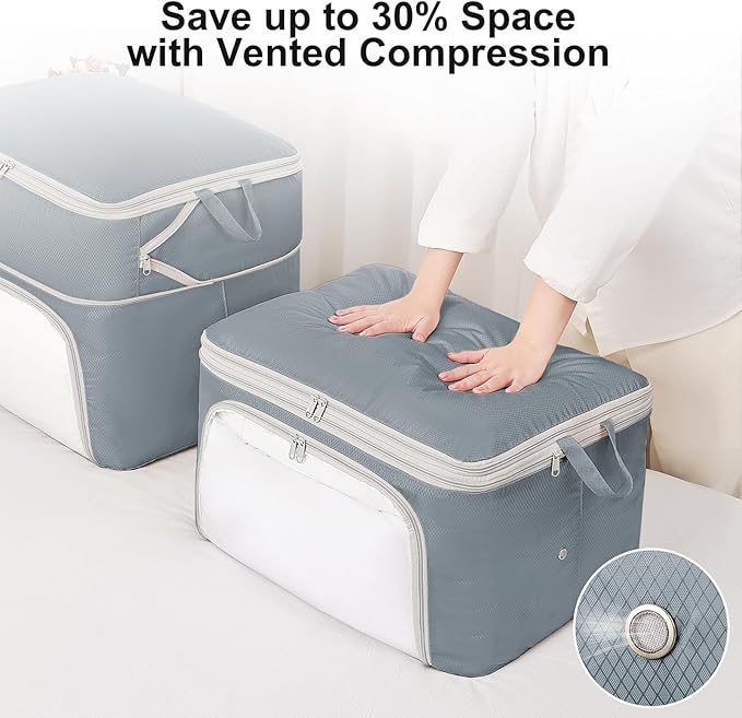 Comforter Storage Bag - Large Capacity Blanket Storage Bags Front-opening Ultra Space Saving Self Compression Organizer, Washable Compression Bags for Storage Comforter Blanket, 1 Pack, Grey