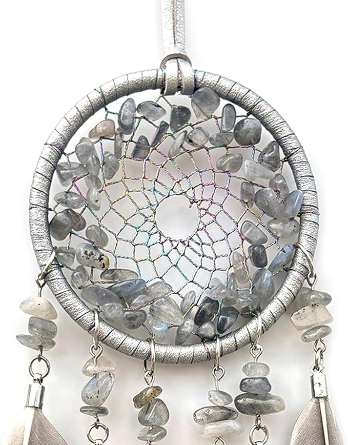 Car Rear View Mirrior Hanging Accessories Gray Dream Catcher Small, Crystals Stones Feather Pendant Interior Rearview Mirror Decoration