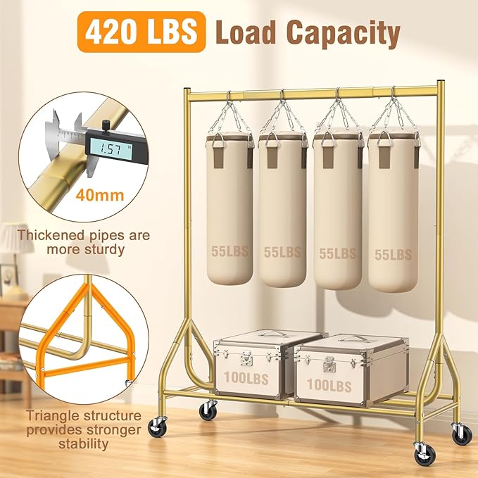 EAGMAK Heavy Duty Clothes Rack Load 420 LBS, Rolling Garment Rack with Lockable Wheels, Standing Metal Clothing Rack, Portable Wardrobe Sturdy Coat Rack for Hanging Clothes (Gold, 47.2″×18.9″×63″)