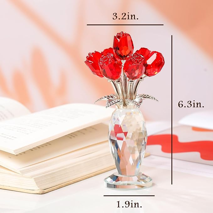 Movdyka Red Rose Crystal Flower Glass Roses Bouquet Gifts for Women Wife Mom Collectible Blown Glass Figurines Home Desk Decor Ornaments for Wedding Birthday Mothers Day Anniversary