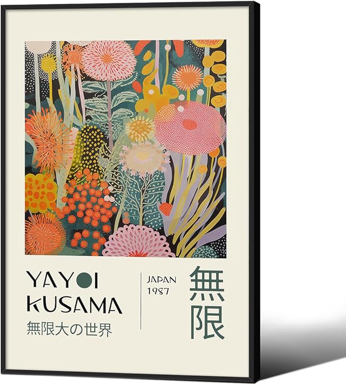 Abstract Yayoi Kusama Posters Japanese Wall Art Vintage Tokyo Aesthetic Prints Yayoi Kusama Inspired Japanese Gallery Wall Art for Stylish Room Bedroom Living Room Decor 16x24in Black Framed