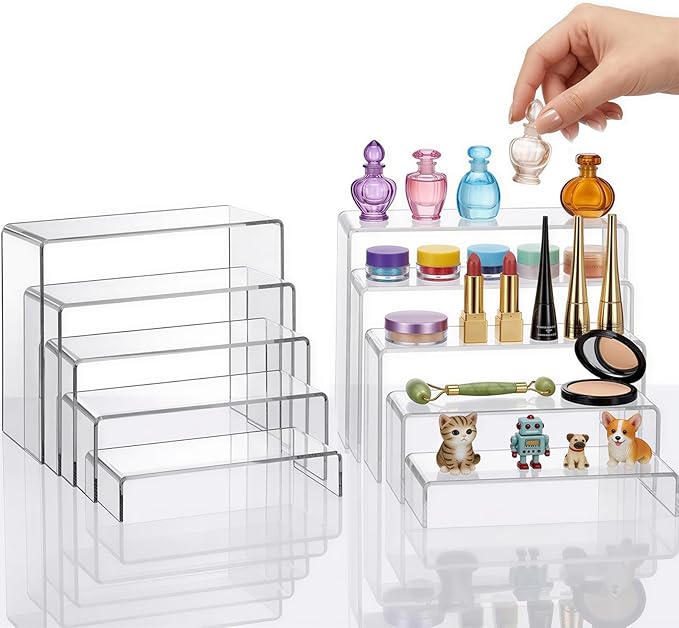 Fixwal 20pcs Large Acrylic Risers 4 Set Acrylic Display Stand Perfume Organizer Stands Clear Rectangular Dessert Table Display Set, Display Shelf for Show Cupcake, Figures, Jewelry, Toys