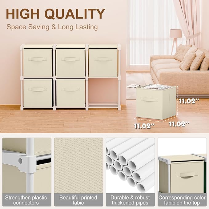 6 Cube Storage Organizer with Shelf Back to School Boxes 11 Inch Toy Storage Bins Closet Organizers Drawers Fabric Dresser for Playroom Books Bedroom Dorm Kitchen (Creamy White)
