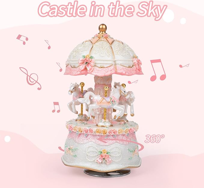 Carousel Music Boxes for Women: 3-Horse Luminous Rotating Musical Boxes Gifts - Color Change LED Lights Musical Gift for Birthday Christmas Pink Music Box