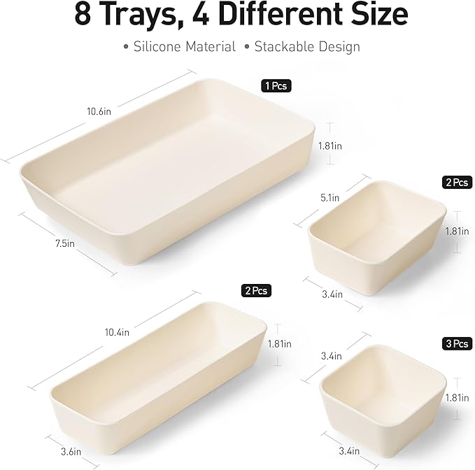 ISSEVE 8Pcs Nesting Silicone Drawer Organizer Trays, 4 Size Versatile Vanity Bathroom & Desk Drawer Organizer Set Storage Bins for Office,Kitchen,Nightstand,White